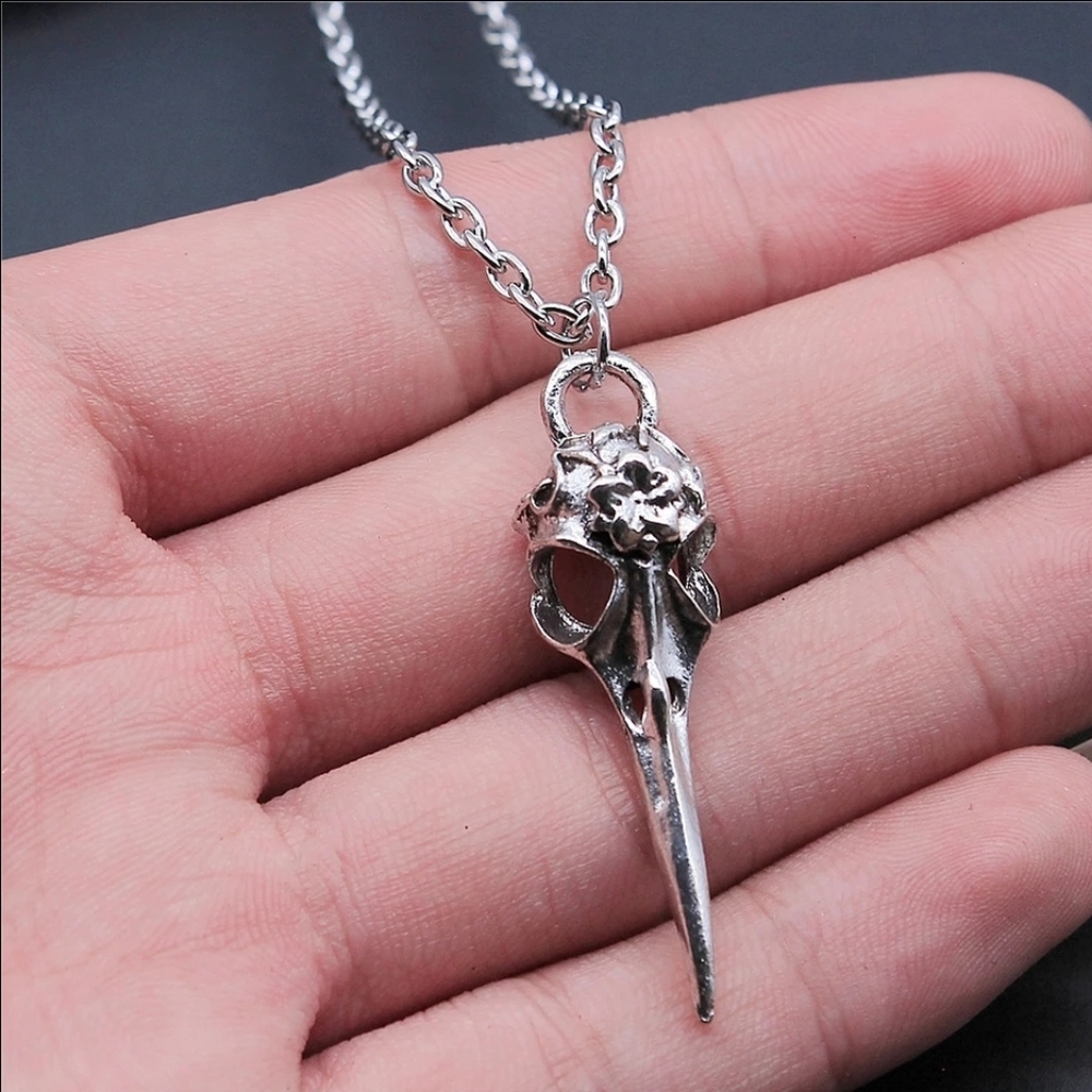 Raven bird skull necklace silver